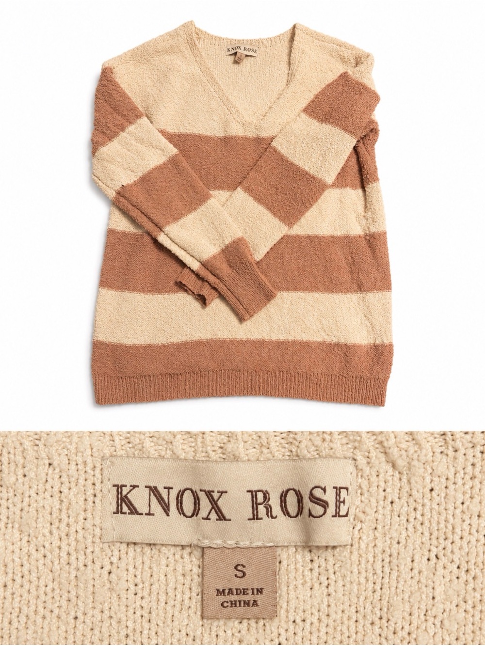 Knox Rose Wide‑Striped V‑Neck Sweater in Cream and mauve
